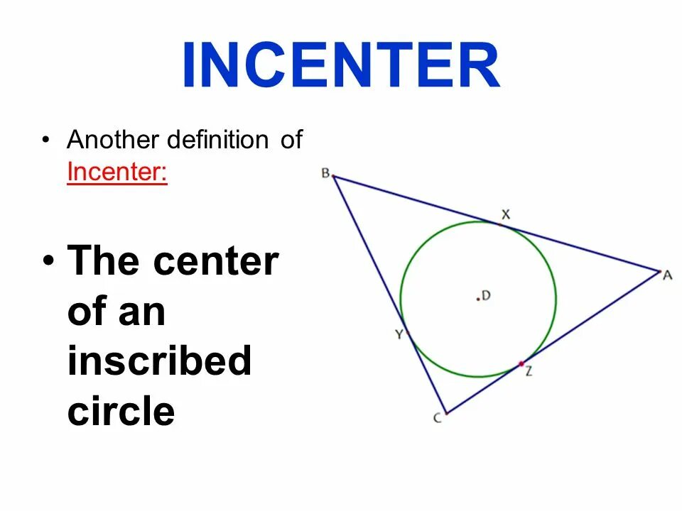 Another definition. Inscribed circle. Инцентр. One circle Inscribed in another. Perpendicularly bisect the circle which meets the another circle.