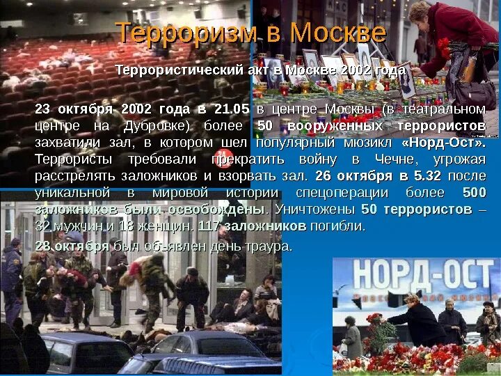 Теракты в россии ближайшие 48 часов. Террористический акт в Дубровке в 2002. Терроризм террористические акты. Террористический акт презентация. Теракты в России презентация.