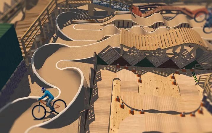 BMX Park. Велосипед для памп трека. Деревянный велосипедный трек вид сверху. 2 BMX парк b-2.