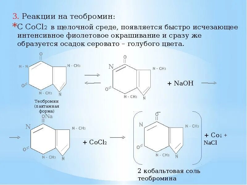 Кофеин подлинность. Теобромин реакции. Теобромин качественная реакция. Реакции с хлоридом кобальта. Теобромин реакции подлинности.