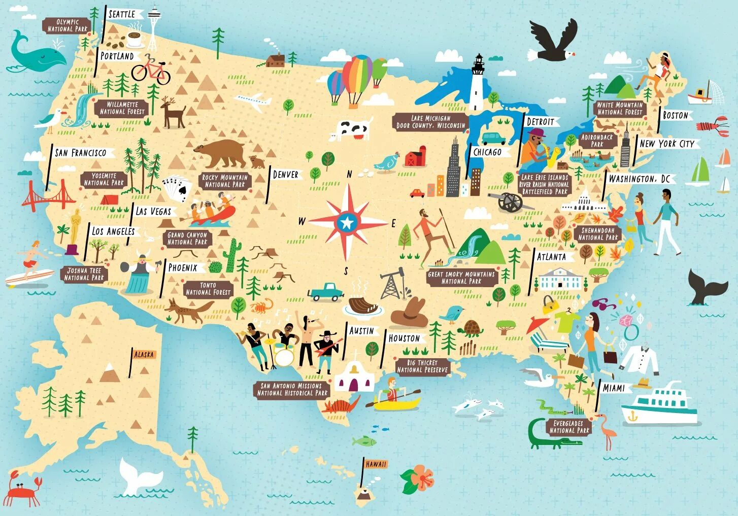 Туристическая карта США. Карта туризма США. Карта США С достопримечательностями. Штаты туристическая карты США.