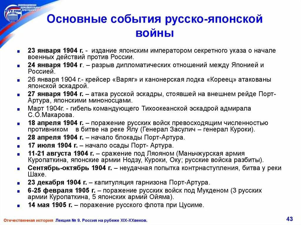 Основные события русско японской