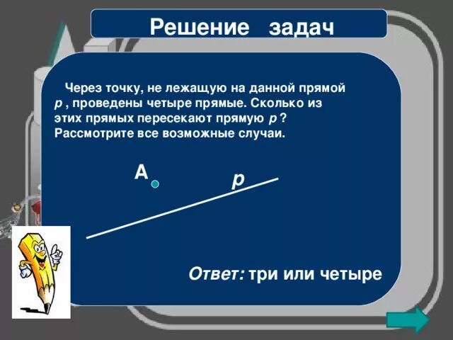 Построй разные прямые и собери правило. Через точку не лежащую на прямой. Через точку лежащую на прямой. Через точку не лежащую на прямой р проведены четыре прямые. Через точку а не лежащую на прямой а проведены.