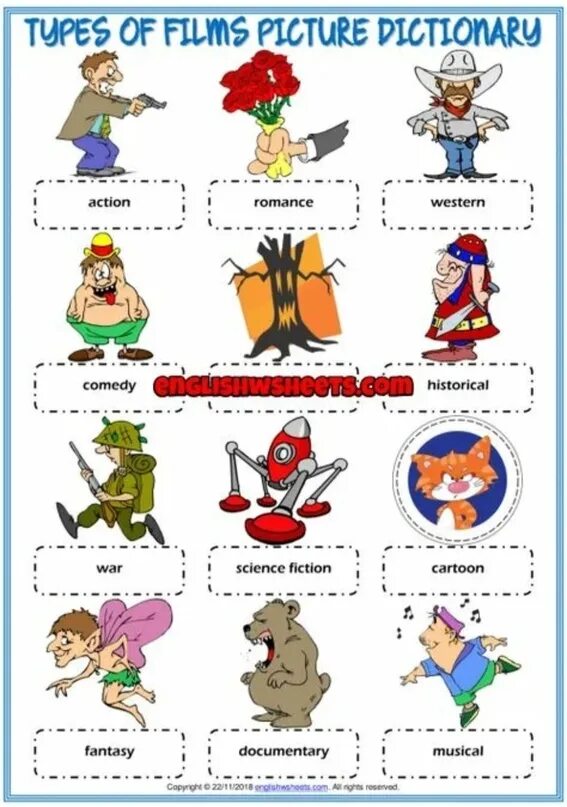 Movie worksheets. Types of films for Kids. Types of films Worksheets. Задания к фильму на английском.