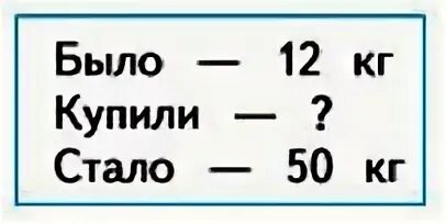 Математика 52 24. Было 12 кг, купили. Было 12кг купили- стало-50кг. Было 12 купили неизвестно стало 50 килограмм. Было - 12 кг купили - кг стало - 50 кг.