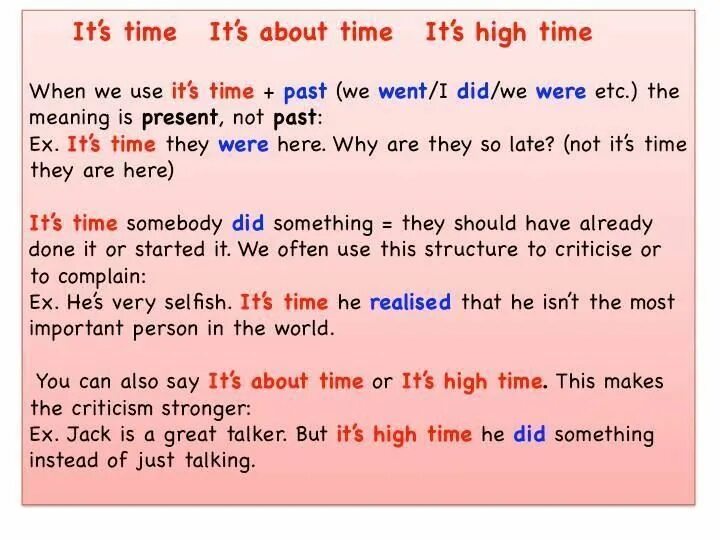 Be being done время. It is time правило. It s time конструкция. Its about time конструкция. Конструкция it is High time.