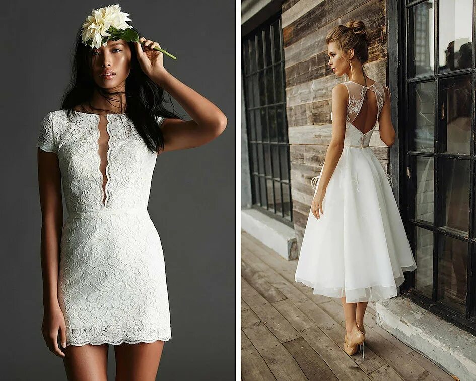 Платье на свадьбу для невесты 2024. Короткое свадебное платье. Модные Свадебные платья короткие. Стильные Свадебные образы. Белое короткое свадебное платье.