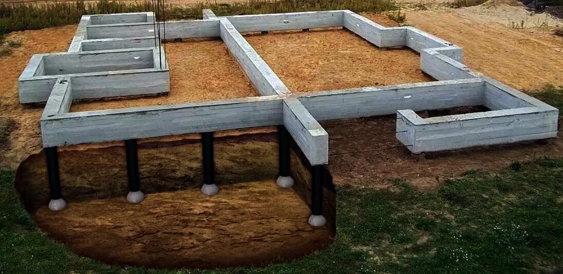 ленточный свайно-ростверковый фундамент. ленточный свайно-ростверковый фундамент. монолитный железобетонный свайно-ростверковый. свайно ленточный фундамент для дома. свайно ленточный фундамент для дома.