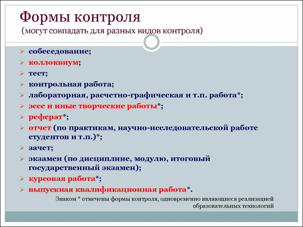 Формы контроля могут быть