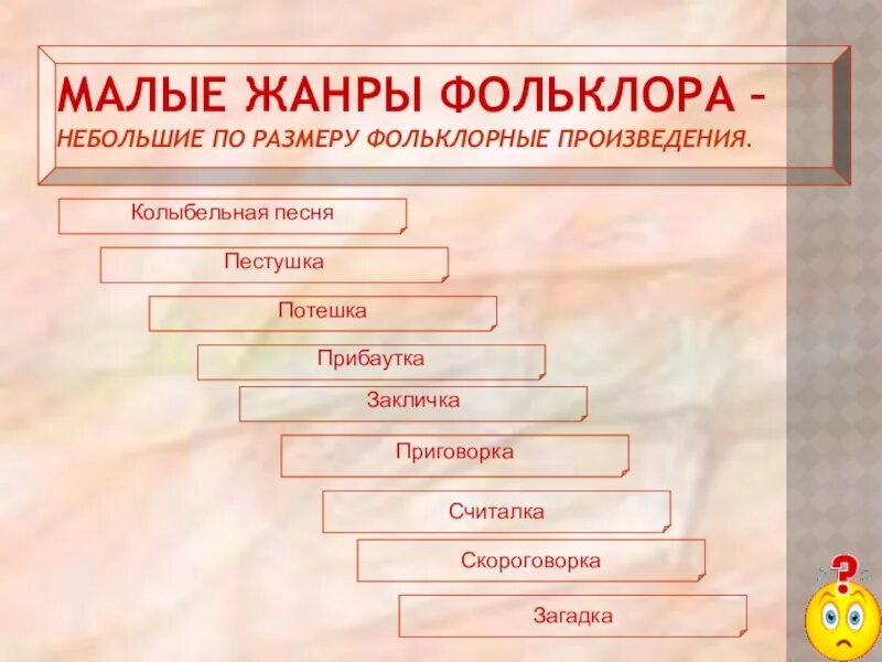 Какой появился новый жанр устного творчества. Жанры фольклора. Фольклор Жанры фольклора. Жанры устного творчества. Жанры малого фольклора.