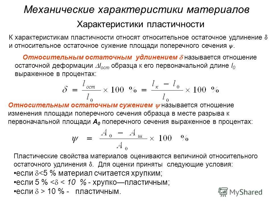 Механические свойства материалов определение. 5. Механические характеристики материалов.. Относительное сужение материала. Остаточное относительное удлинение образца это. Относительное удлинение и относительное сужение.