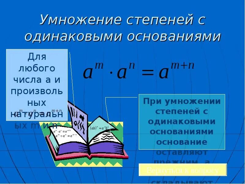 Возведение произведения в степень. Умножение степеней с одинаковым основанием. При умножении степеней с одинаковыми основаниями. Произведение степеней с одинаковым основанием. Произведение с одинаковыми основаниями