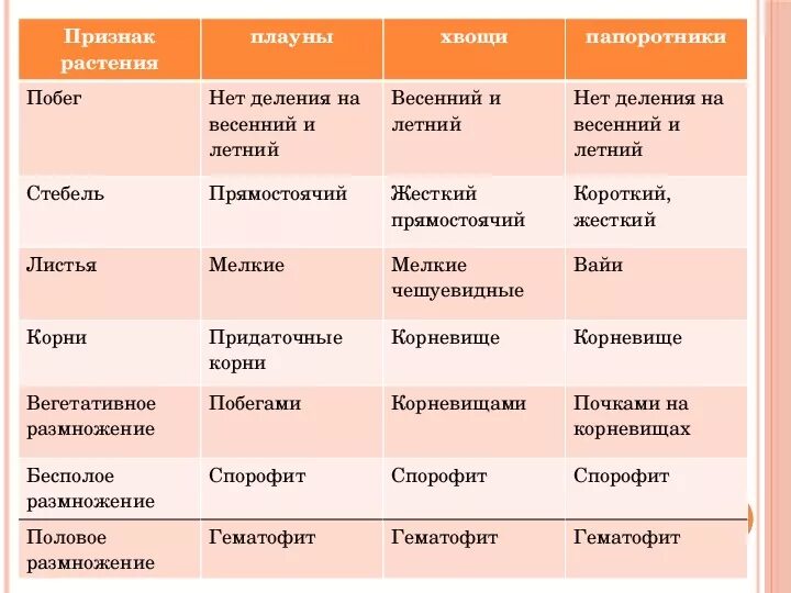 Сравнительная характеристика папоротников хвощей и плаунов. Сравнительная характеристика плауны хвощи папоротники. Таблица папоротник плуны хвощи. Таблица хвощи клоны папоротники.