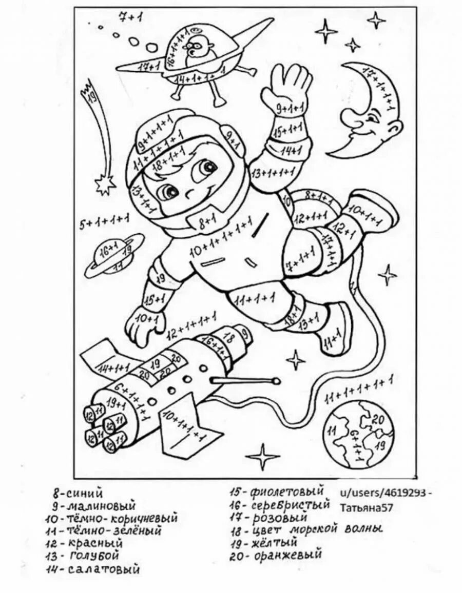 Раскраска сложение и вычитание в 10. Математическая раскраска. Математическая раскраска космос. Раскраска день космонавтики для детей. Космос раскраска для детей.