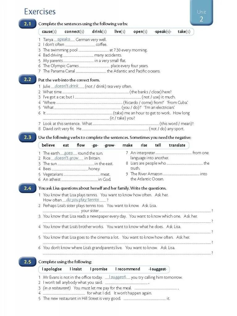 Tanya speaks. Exercises Unit 1 ответы 1.2. Unit 2 exercises 2.1 ответы. Complete the sentences using the following verbs: cause(s). Unit 21 exercises 21.1 ответы.