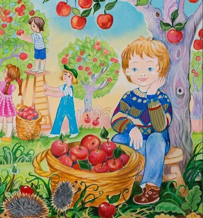 Лето время фруктов. Осенний урожай для детей. Картина фруктовый сад для детей. Сбор урожая для детей. Рисование сбор урожая в саду.