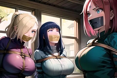 sakura haruno, naruto, 3girls, ai generated, arms tied behind back, blonde ...