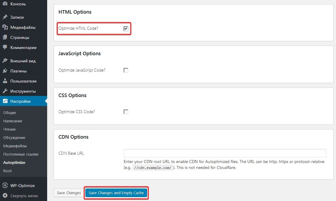 Autoptimize плагин. CSS настройки. Консоль html. Настройки options. Script options