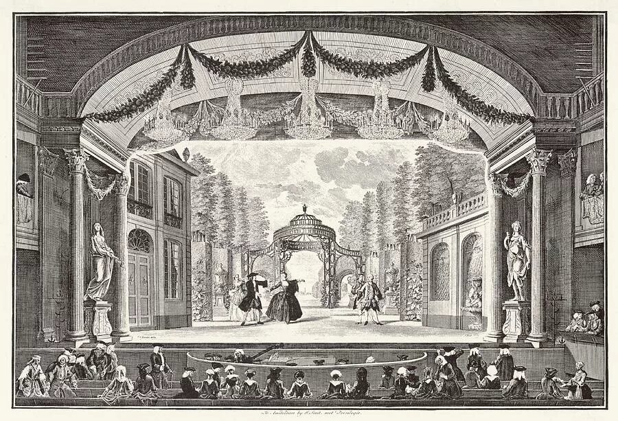 Сцена 17. Барочный театр франции 18 век декорации. Западноевропейский театр барокко 17 века декорации. Сцена театра россии 19 века. Купольная уличная сцена.