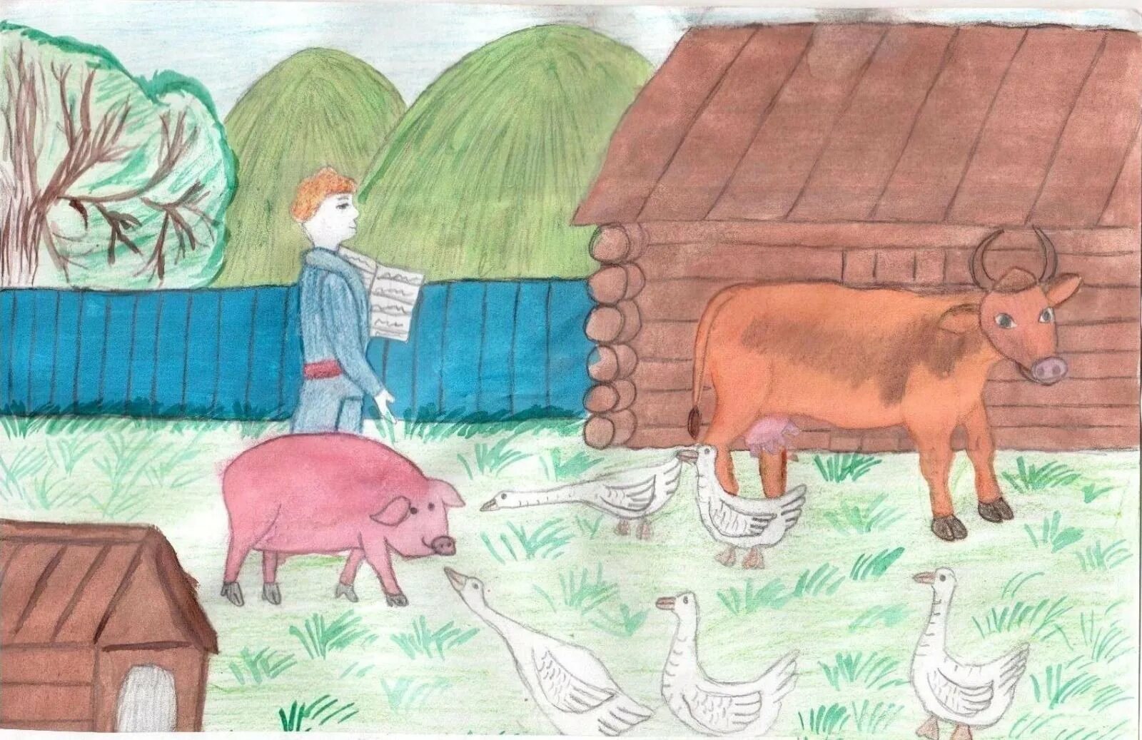 Гриша отдыхает у дедушки в деревне грушевка. Рисунки на тема СЕЛЬСКОЕХОЗЯЙСТВО. Рисунки детей на тему сельское хозяйство. Рисунок на тему деревня. Детский рисунок на тему моя деревня.