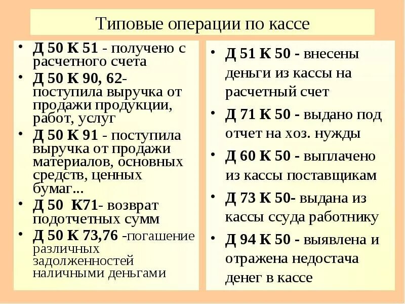 Счет 51 операции. Типовые операции по кассе. Типичные операции по учету денежных средств в кассе. Типовые операции. Типовые проводки по кассе.