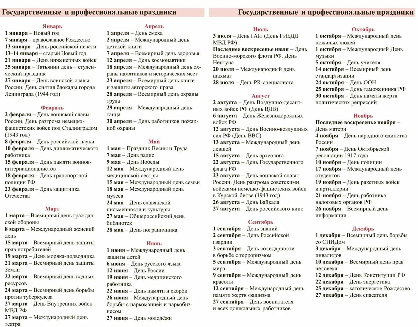 Составьте список праздников. Календарь профессиональных праздников. список праздников. календарь профессиональных пра. праздники россии список.