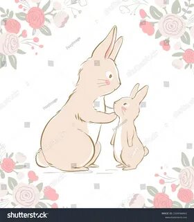 Conejos madres y bebés rodeados de flores de rosa. 