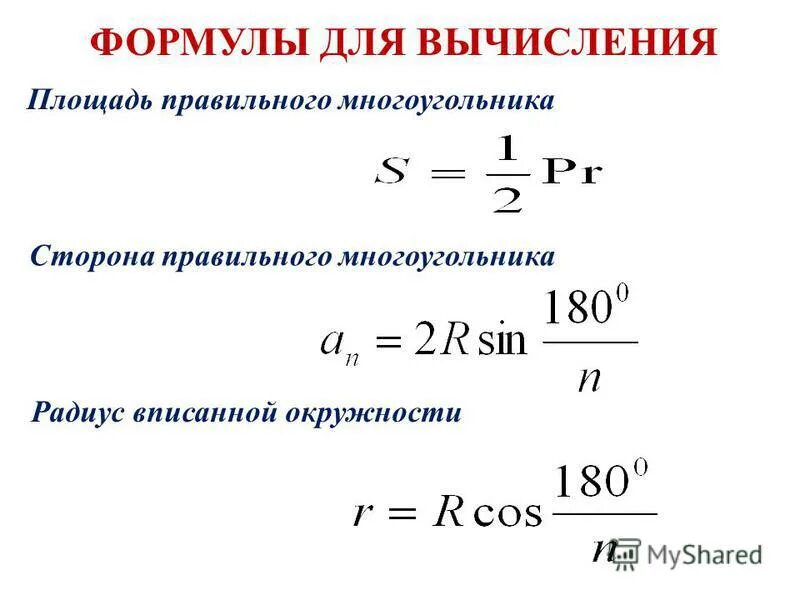 Нахождение сторон правильного многоугольника. Формулы для вычисления площади правильного многоугольника его. Формулы для вычисления площади правильного многоугольника. Формула расчета угла правильного многоугольника. Формулы для вычисления сторон и площадей правильных многоугольников.