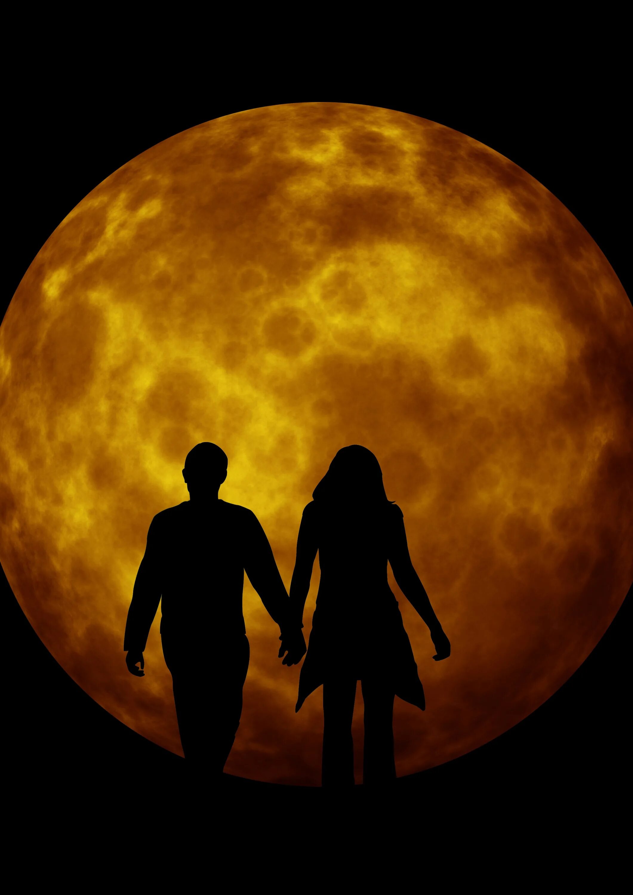 Луна и влюбленные. Пара на фоне Луны. Двое на фоне Луны. Мужчина на фоне Луны.