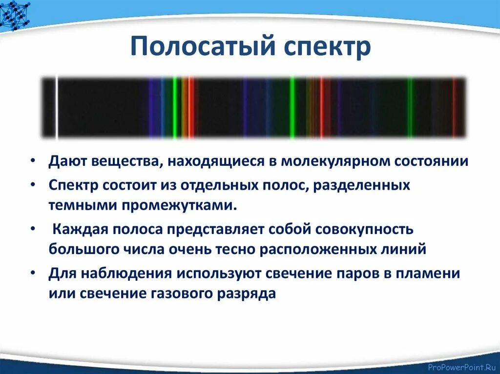 Линейчатый и полосатый спектры. Полосатый спектр испускания. Что дает спектр полосатого испускания. Полосатые спектры.