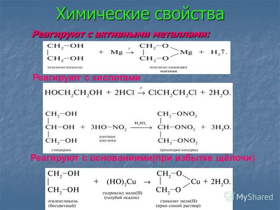 Алюминий с избытком щелочи. Химические свойства этиленгликоля уравнения реакций. Химические свойства многоатомных спиртов.