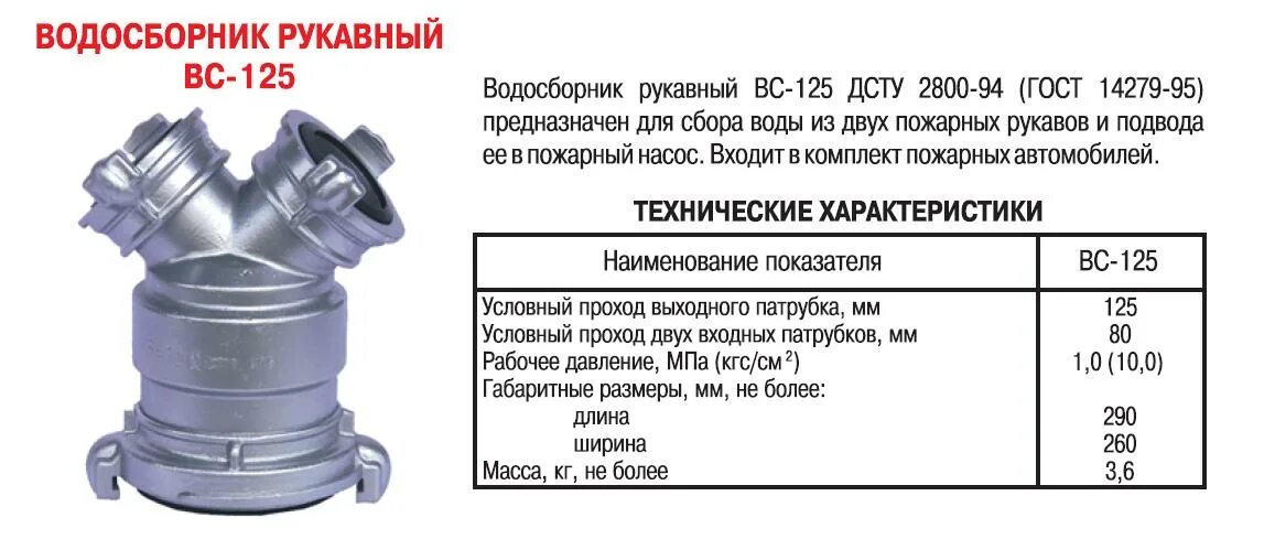 Какой диаметр пожарного рукава. Водосборник вс-125 ТТХ. Водосборник пожарный вс-125 ТТХ. Водосборник рукавный вс-125. Головки пожарные рукавные соединительные грв-125.