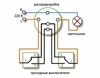Подключение одноклавишного переключателя с двух мест схема