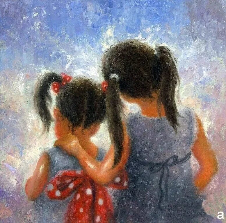 Сестра мамы мамина сестра. Картина две девушки. Картина мама и две Дочки. Две сестренки. Трогательные картины с детьми.