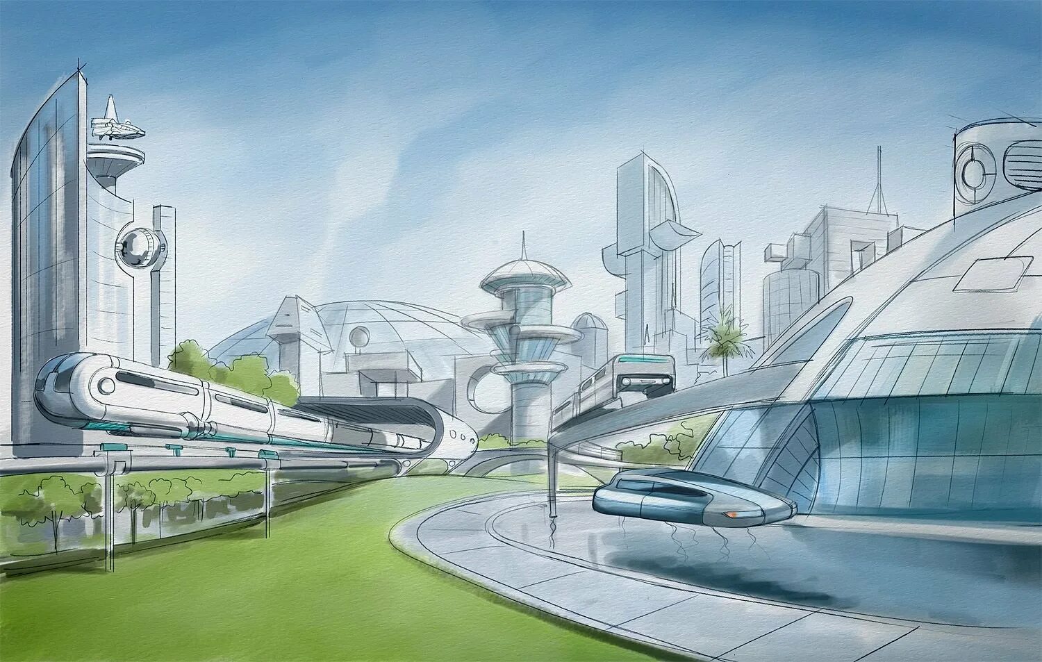 Как будет выглядеть 2024. Эскиз города будущего. Город будущего рисунок. Футуристический город. Футуристический пейзаж.
