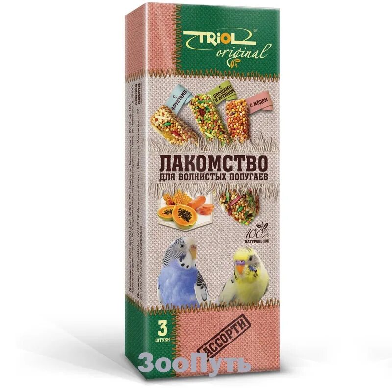 Лакомство для птиц. Триол - палочки для грызунов ассорти (3шт) 75гр. Лакомство Triol Original для волнистых попугаев ассорти (уп.3шт.), 80г. Триол корм для волнистых попугаев с фруктами. Корм Triol Original для волнистых попугаев с овощами, 450г.