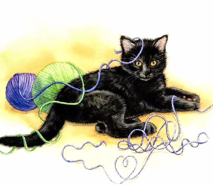 Кошка в нитках. Черная кошка с клубком. Котёнок и клубок. Черная кошка живопись. Черная кошка играть