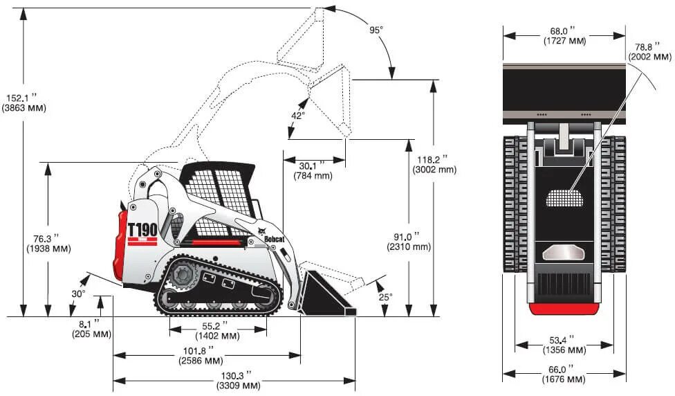 Bobcat размеры. Гусеничный мини погрузчик Bobcat t590. Мини-погрузчик Бобкэт 190 габариты. Бобкэт 590 габариты. Мини погрузчик Bobcat t590 стартер.