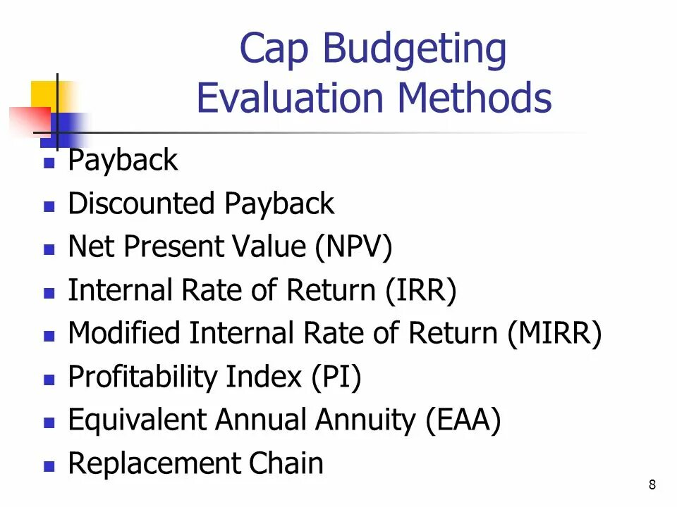 Evaluation methods. Evaluation method. equivalent annual annuity. modified internal rate of return.