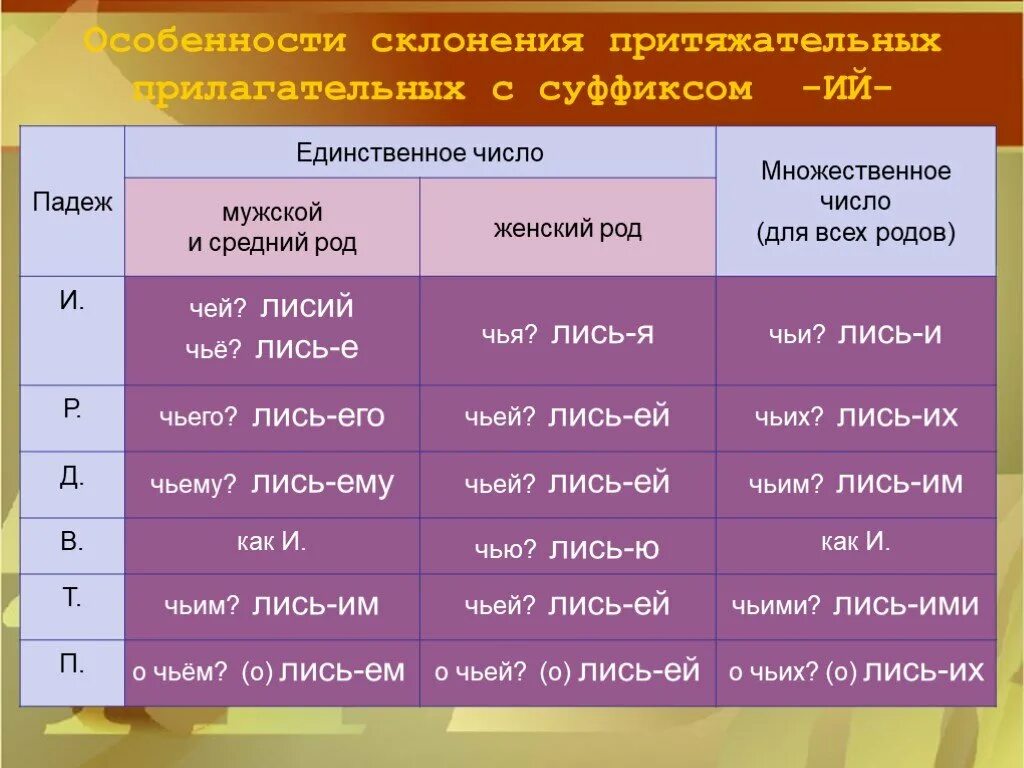 Единственное и множественное число прилагательных падежей. Таблица окончаний притяжательных прилагательных. Склонение притяжательных имен прилагательных. Падежи притяжательных прилагательных. Суффиксы и окончания притяжательных прилагательных.