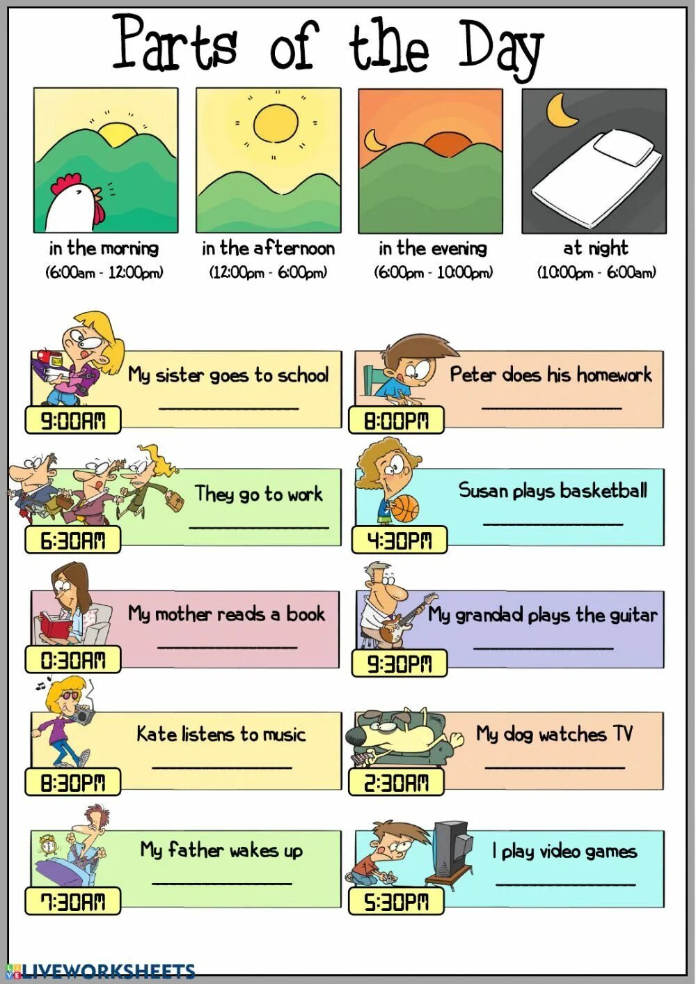 Homework in the afternoon. Parts of the day упражнения. part of the day for kids задания. parts of the day worksheets. задания morning afternoon.