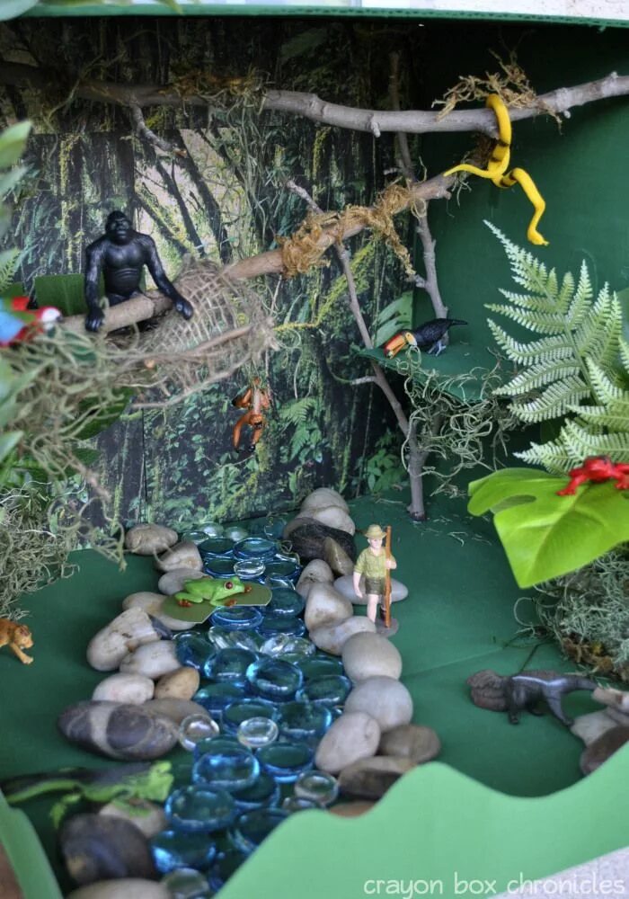 Поделка джунгли. Макет джунгли для детского сада. Сенсорная коробочка джунгли. Джунгли в коробке поделка.