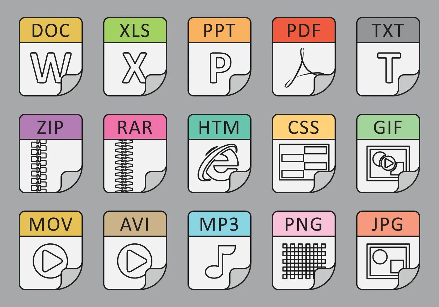 Значки типов файлов. Иконки doc xls txt. Виды файлов с пиктограммами. Icon file Types. Avi txt