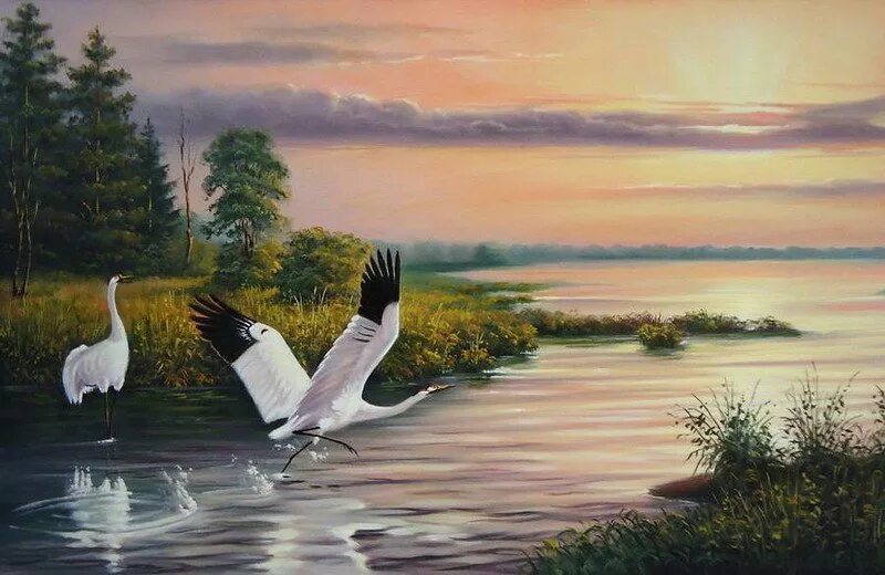 Харченко иван николаевич художник. Пейзаж с журавлями. Русские пейзажи журавли. Шишкин журавли на болоте. Журавли пейзаж.