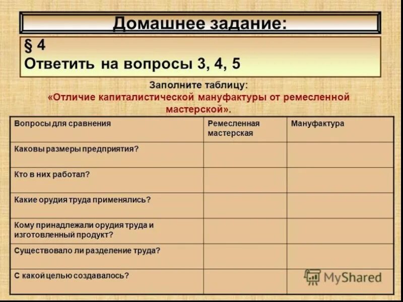 Что отличает казенные заводы от частных мануфактур. Отличия мастерской от мануфактуры таблица. Вопросы для сравнения Ремесленная мастерская и мануфактура. Мануфактура Размеры предприятия. Размеры мастерской и мануфактуры.