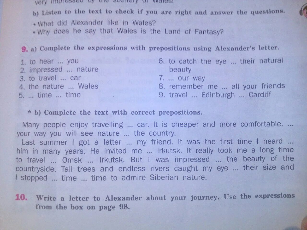 Complete the text check. What did alexander like in wales. listen to the text to check if you are right and answer the questions what did alexander like in wales. write a letter to alexander about your journey. use the expressions from the box on page 98.