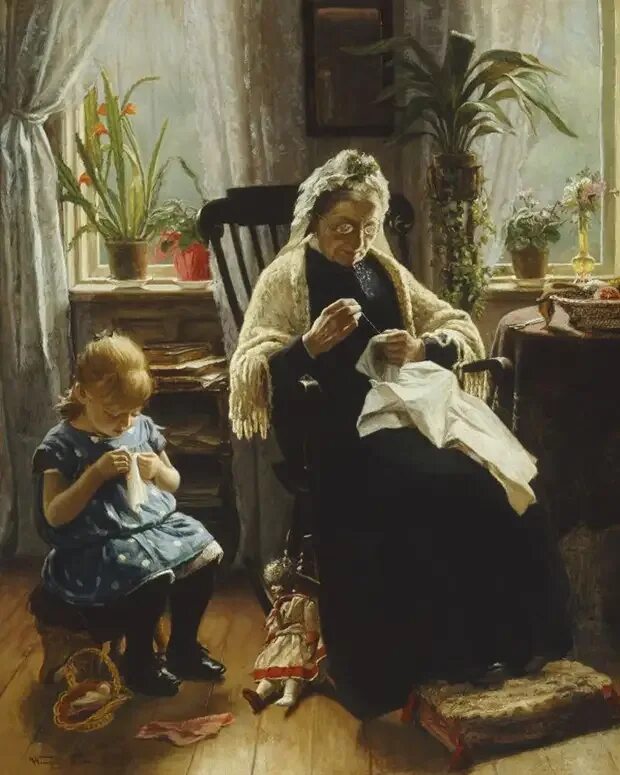 Картина помощи. Wenzel Ulrik Tornoe. Художник. Венцель Ульрик Торне (Wenzel Ulrik Tornøe),1844-1907. Венцель Ульрих художник. Бабушка и внучка живопись.