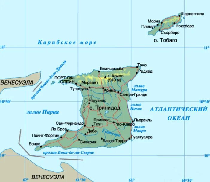 Остров Тринидад на карте Южной Америки. Тринидад и Тобаго на карте Южной Америки. Тринидад и Тобаго физическая карта. М южная на карте