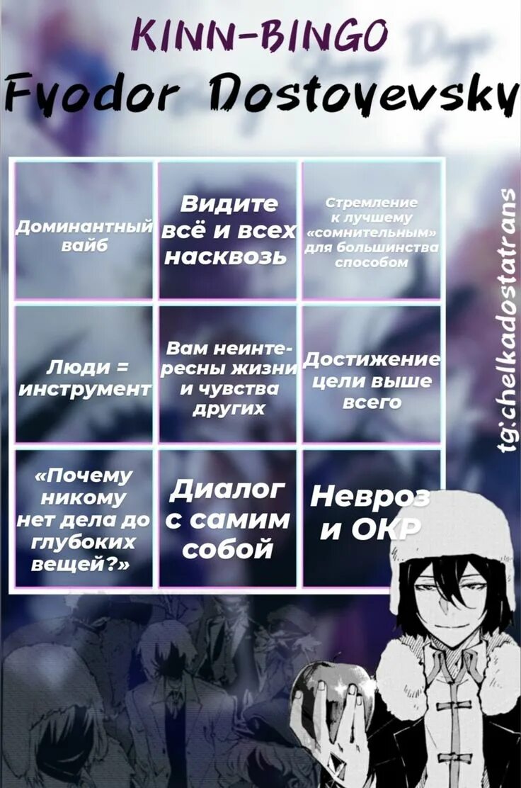 Тест на кинн бсд quiz. Достоевский бинго. достоевский бсд бинго. дазай кинн бинго. достоевский кинни бинго бсд.