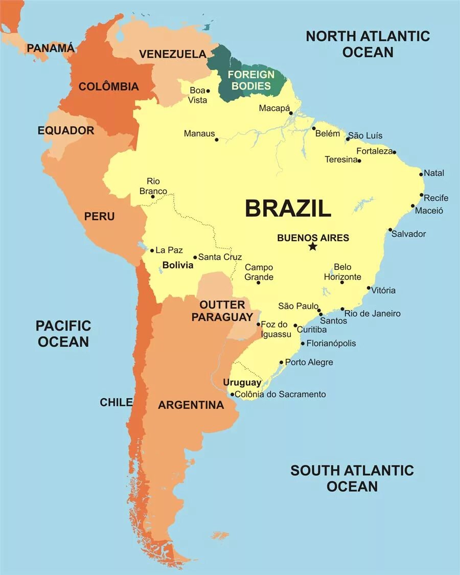 Расположение Бразилии на карте Южной Америки. Бразилия на карте Южной Америки. Столица Бразилии на политической карте. Крупные города Бразилии на карте.